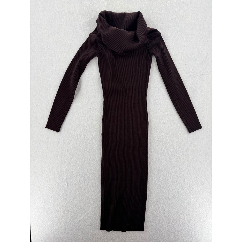For Justify - Ribbed Fold Over Neck Stretch Midi Dress - Brown - S - Womens